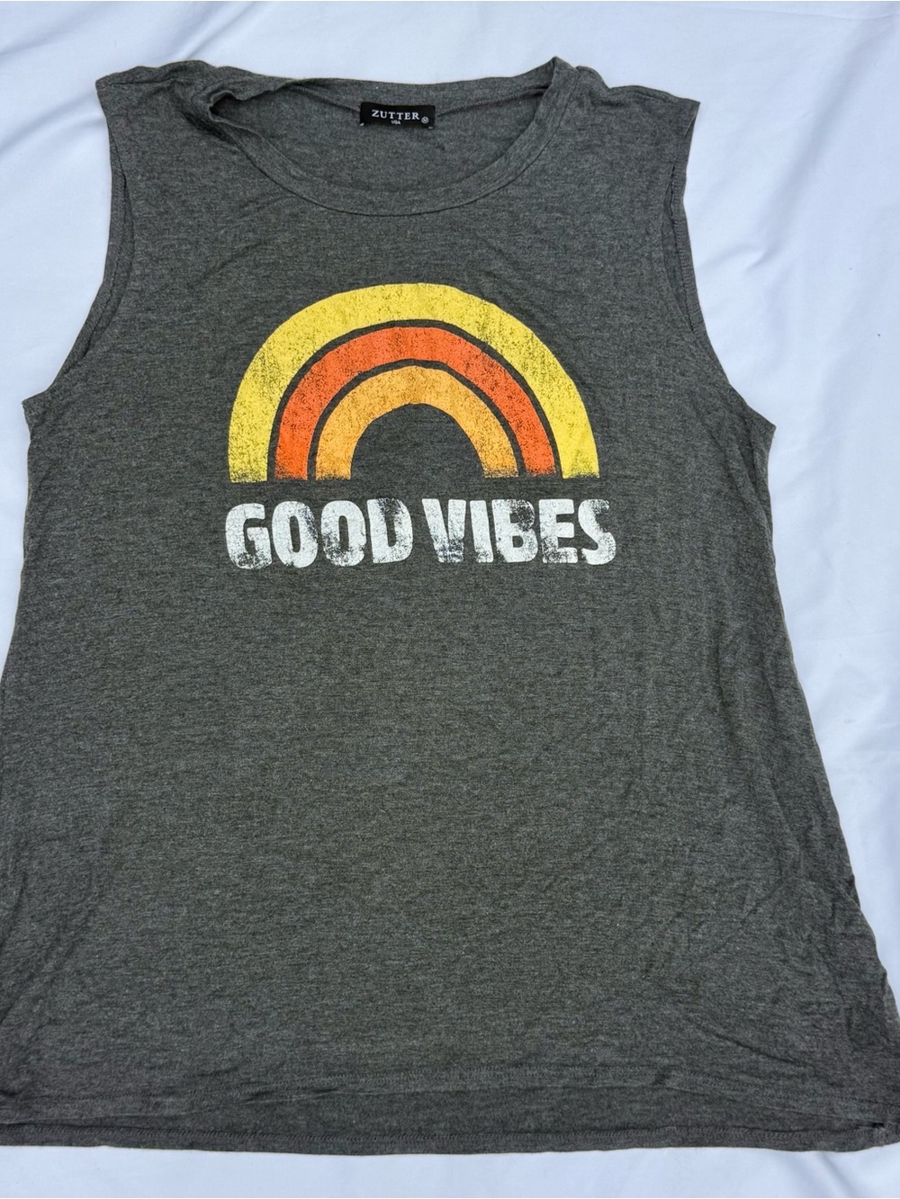 Zutter Women's Gray 'Good Vibes' Muscle Tank with Retro Rainbow